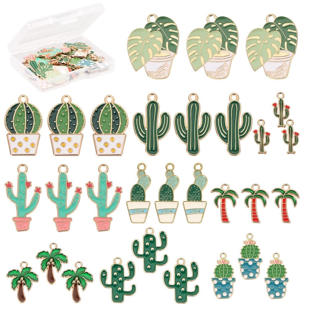 5607 30PCS Cactus Tropical Charms, Succulent Plant Enamel Alloy Pendant